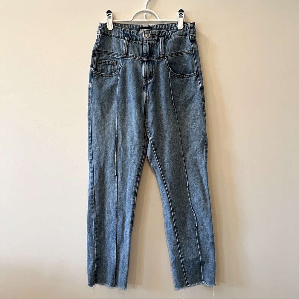 Momokrom High-Waisted Blue Denim Jeans with Raw Hem